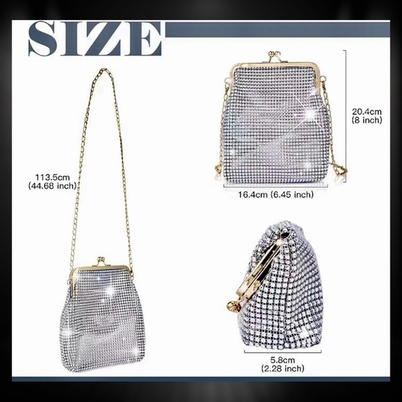 NWT Silver Rhinestone Covered Mesh Clutch/Shoulder Bag w/Gold HW & Pouch Insert - Picture 6 of 16